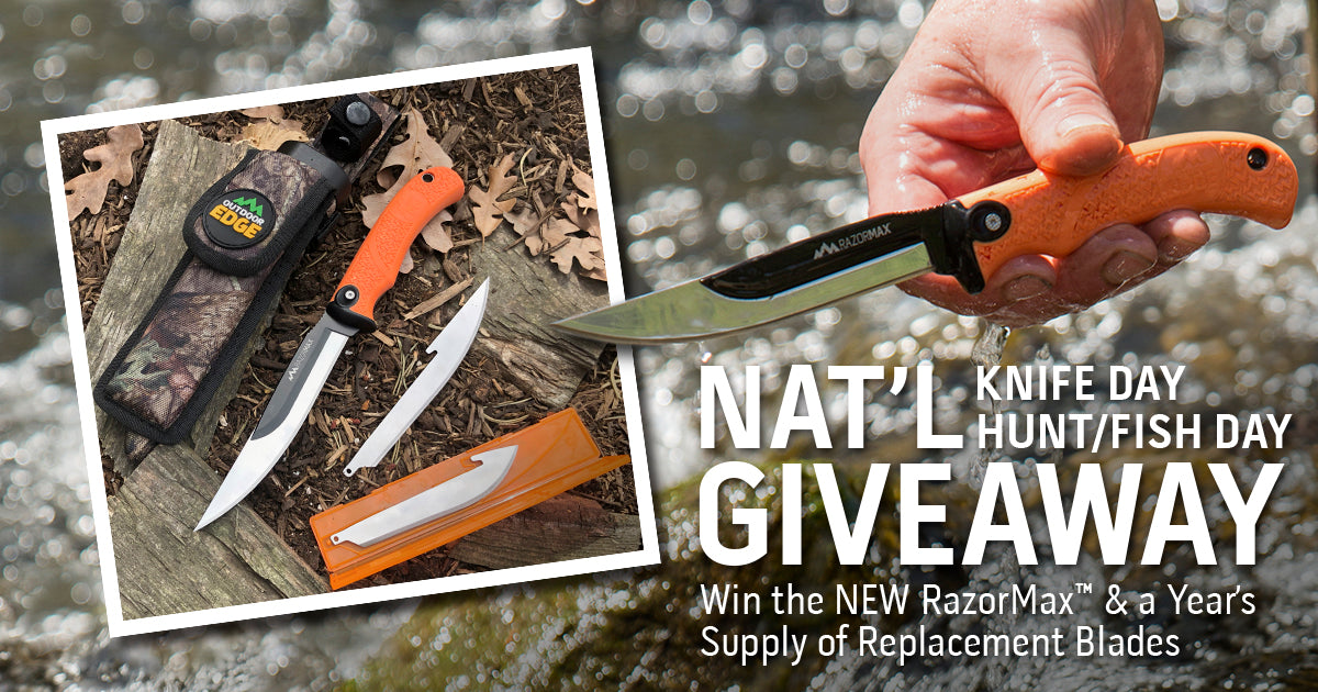 A giveaway announcement graphic featuring the orange-handled Outdoor Edge RazorMax knife, which has interchangeable blades for field dressing and processing game
