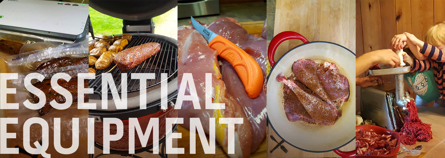 A banner with the title "Essential Equipment" over a collage of images showing grilling, butchering, and grinding wild game meat