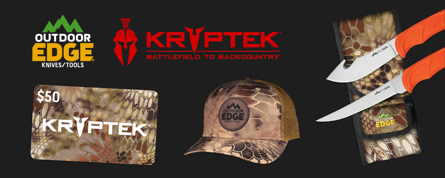 An advertisement showing several Outdoor Edge knives with Kryptek Highlander camouflage handles