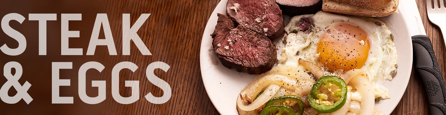 A recipe banner for "Steak & Eggs" showing the finished meal on a white plate