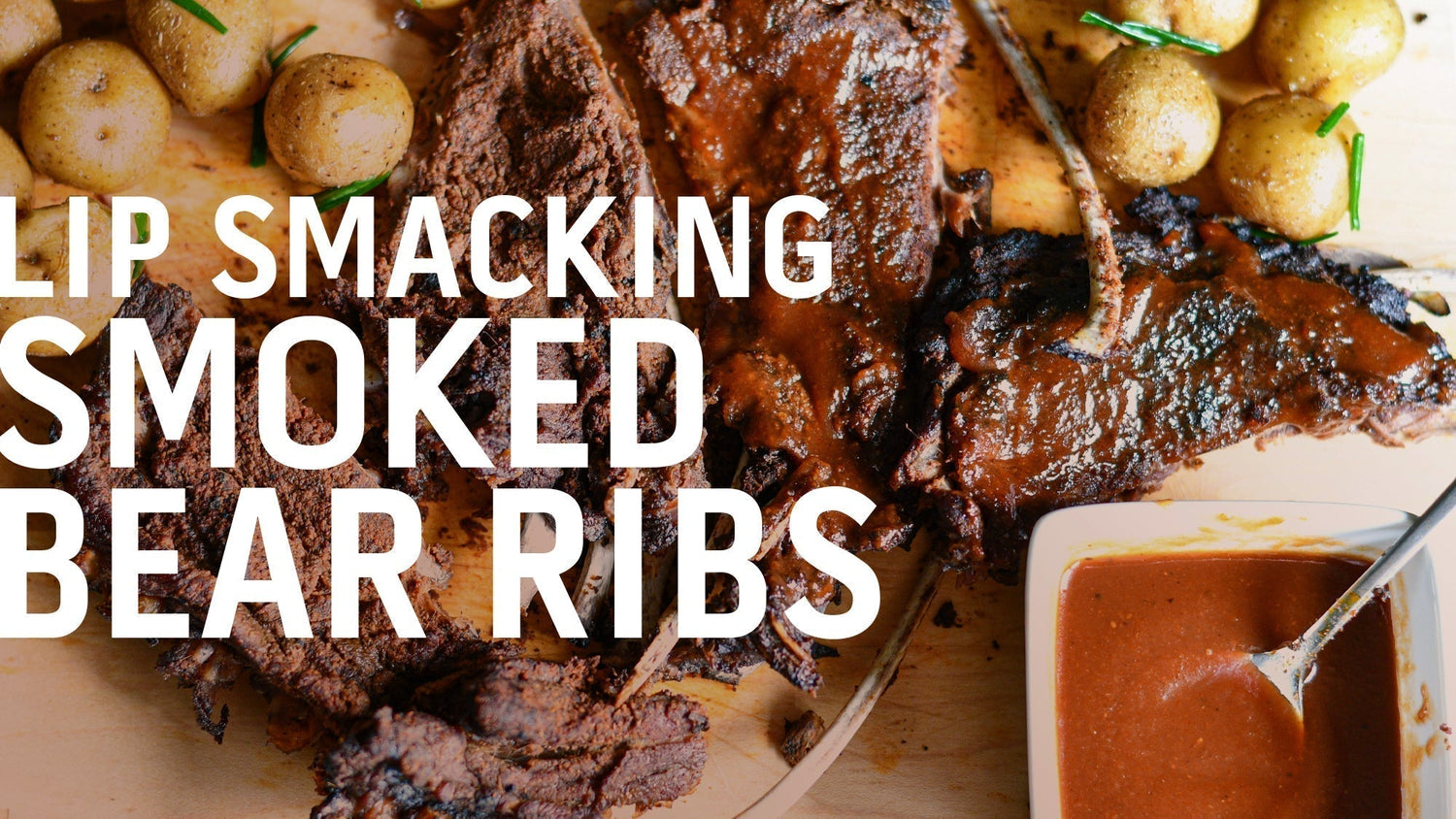A recipe banner for "Lip-Smacking Smoked Bear Ribs