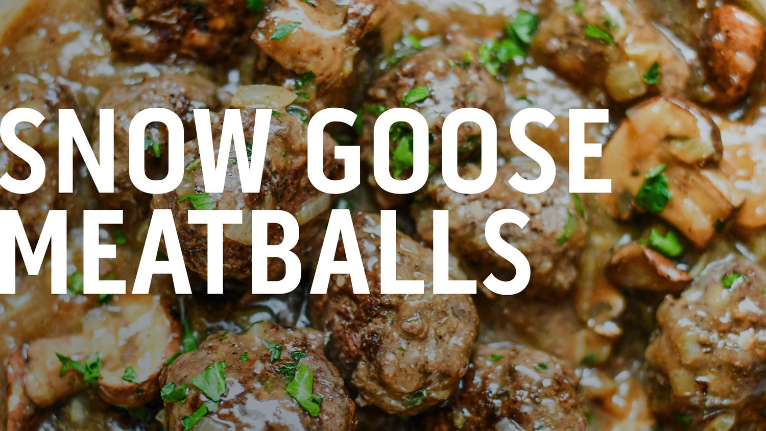 A recipe banner for "Snow Goose Meatballs with Onion and Mushroom Gravy.