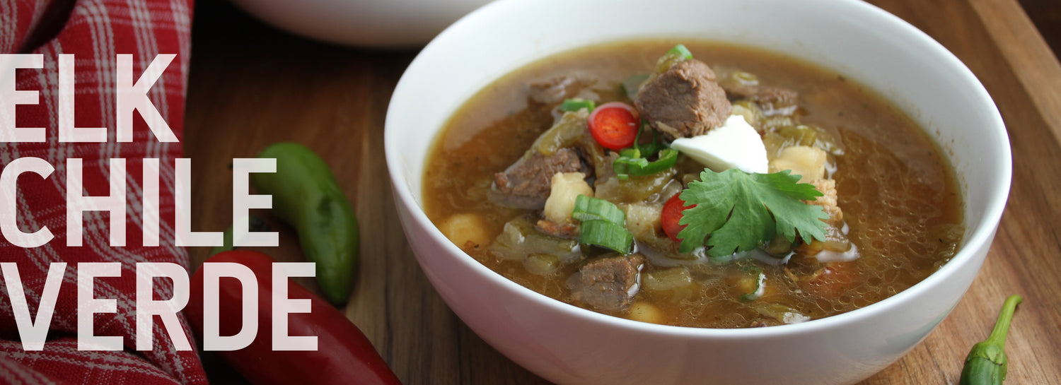 A recipe banner for "Elk Chile Verde" showing a bowl of the finished stew topped with cilantro and sour cream