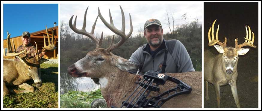 A collage of three photos showing successful hunters posing with large trophy whitetail bucks.