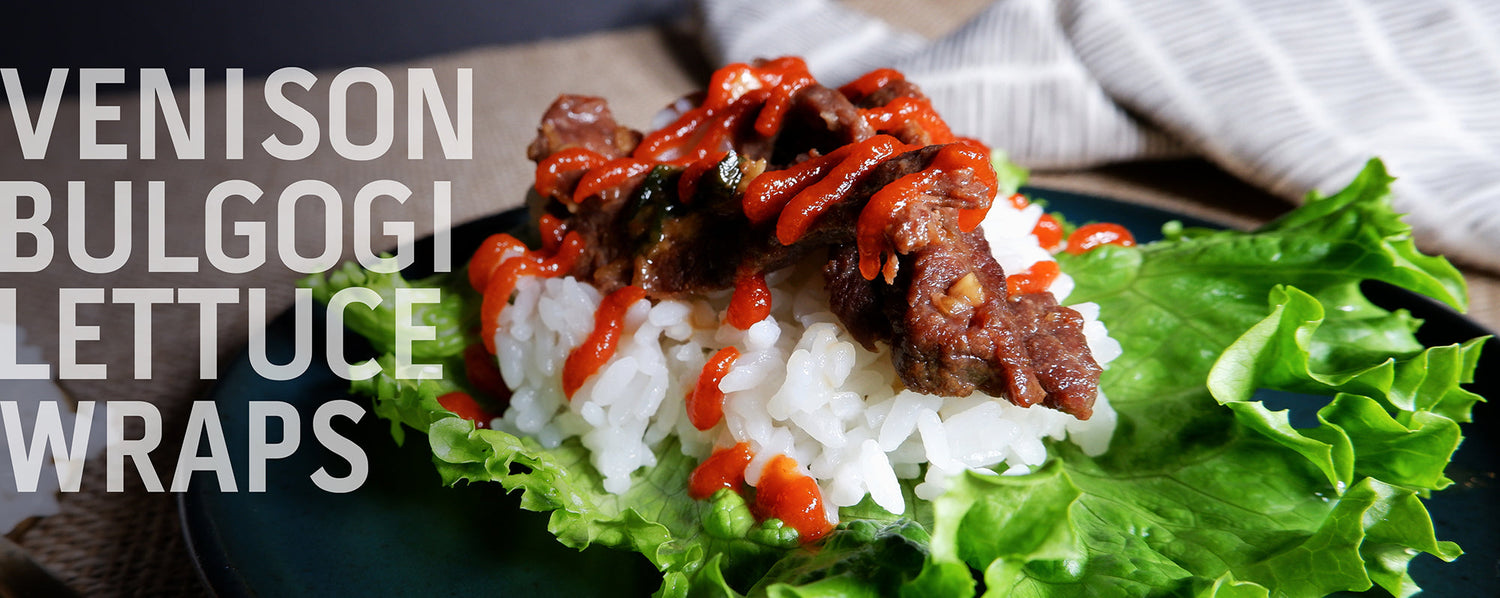 A recipe banner for "Venison Bulgogi Lettuce Wraps" with a close-up of the finished dish