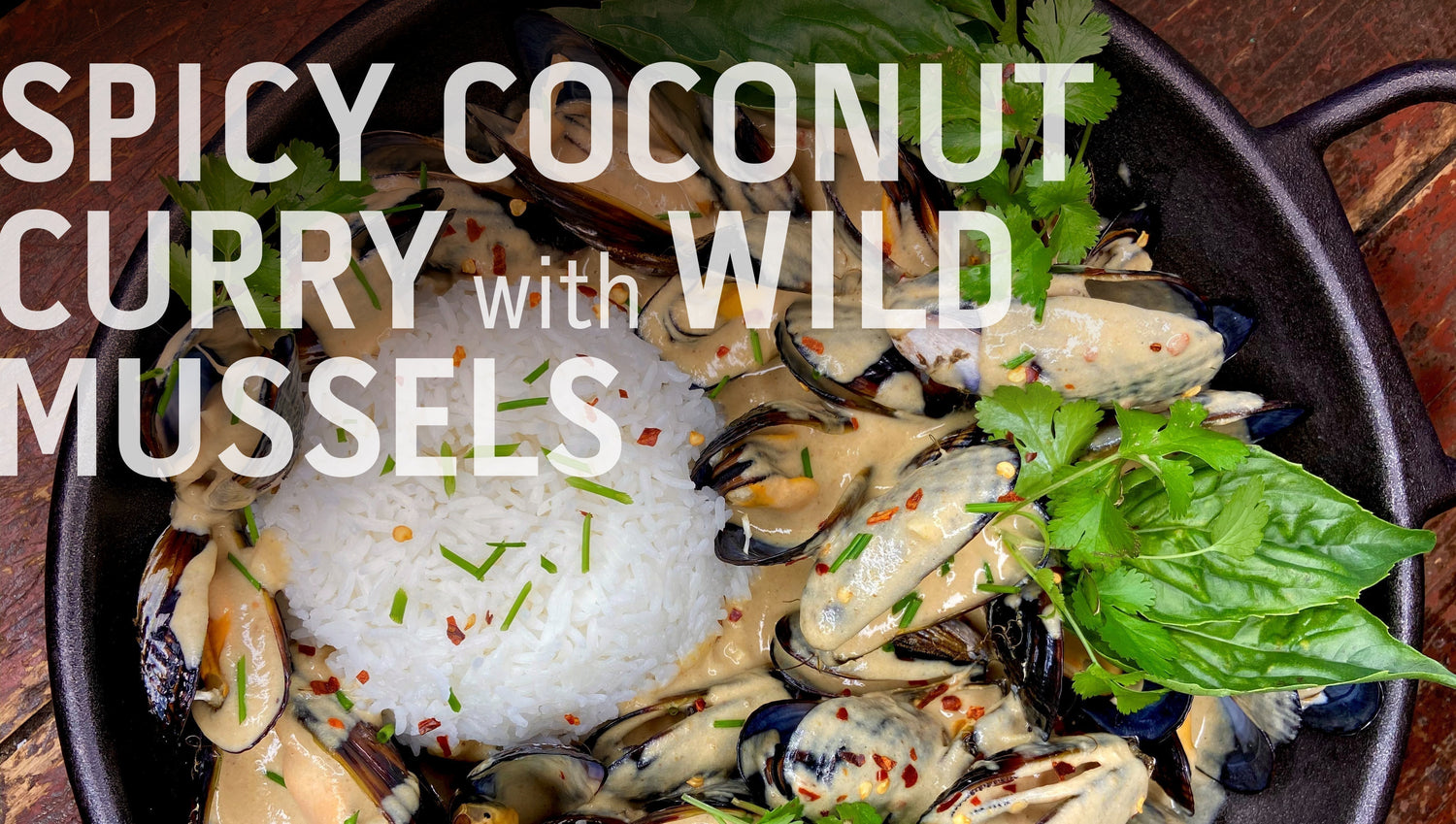 A recipe banner for "Mussel Curry" showing the finished dish in a bowl