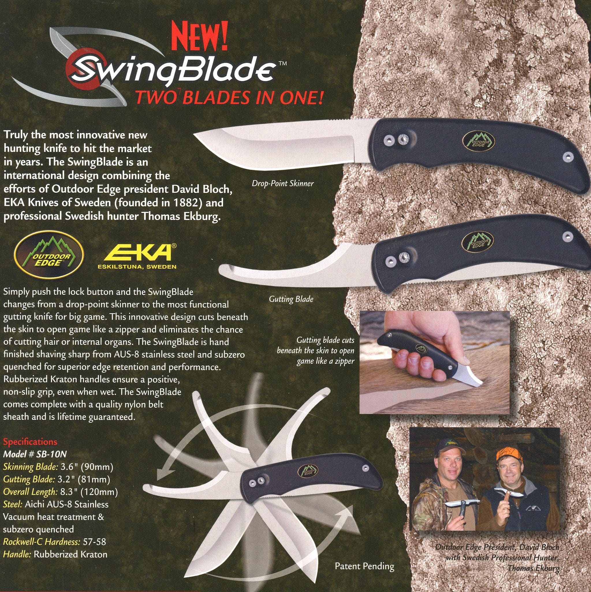 An Outdoor Edge GameProcessor knife set displayed in its open green hard-sided case against a mountain backdrop. "