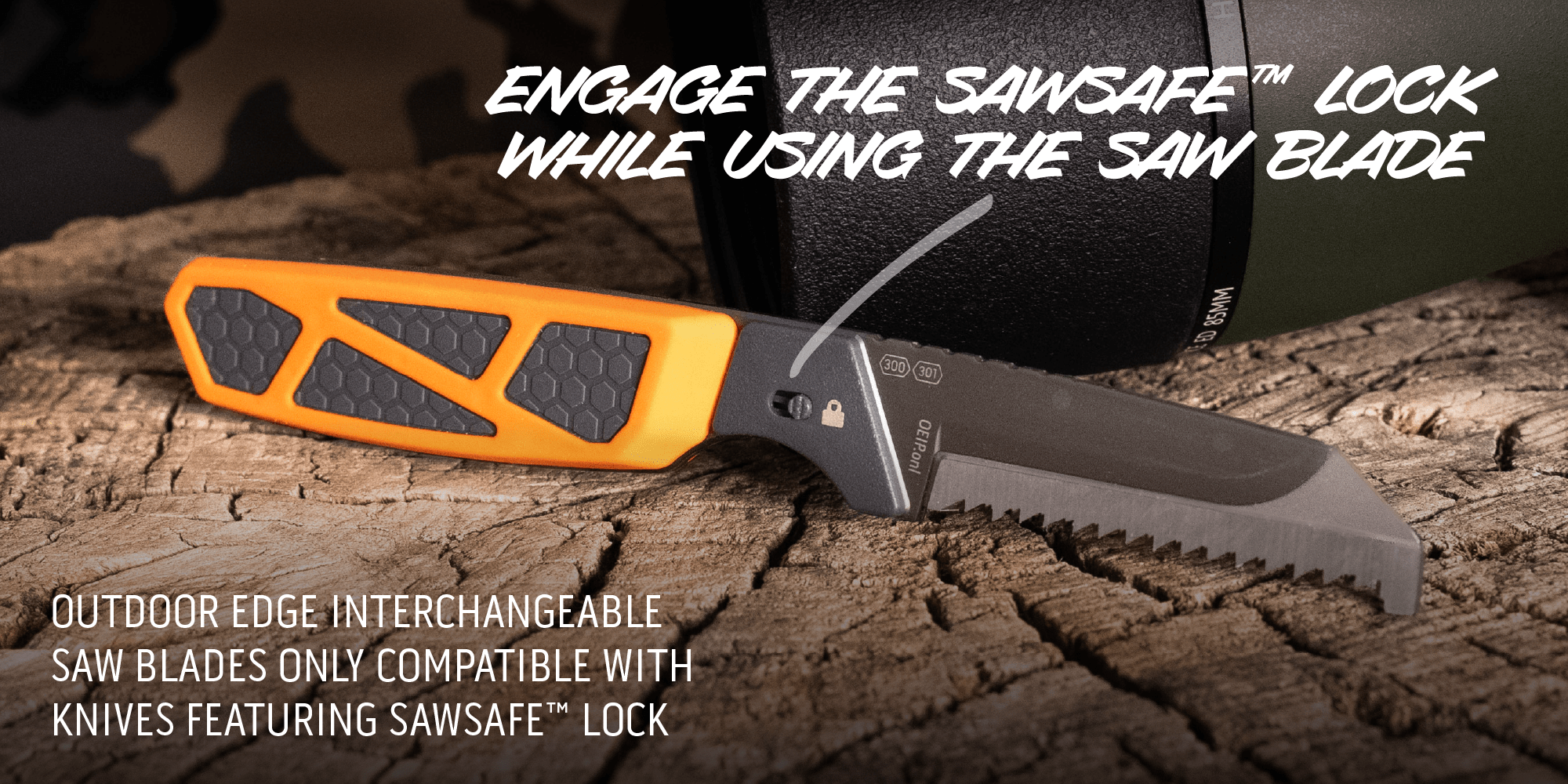 The Razor-APX knife resting on a camouflage background.