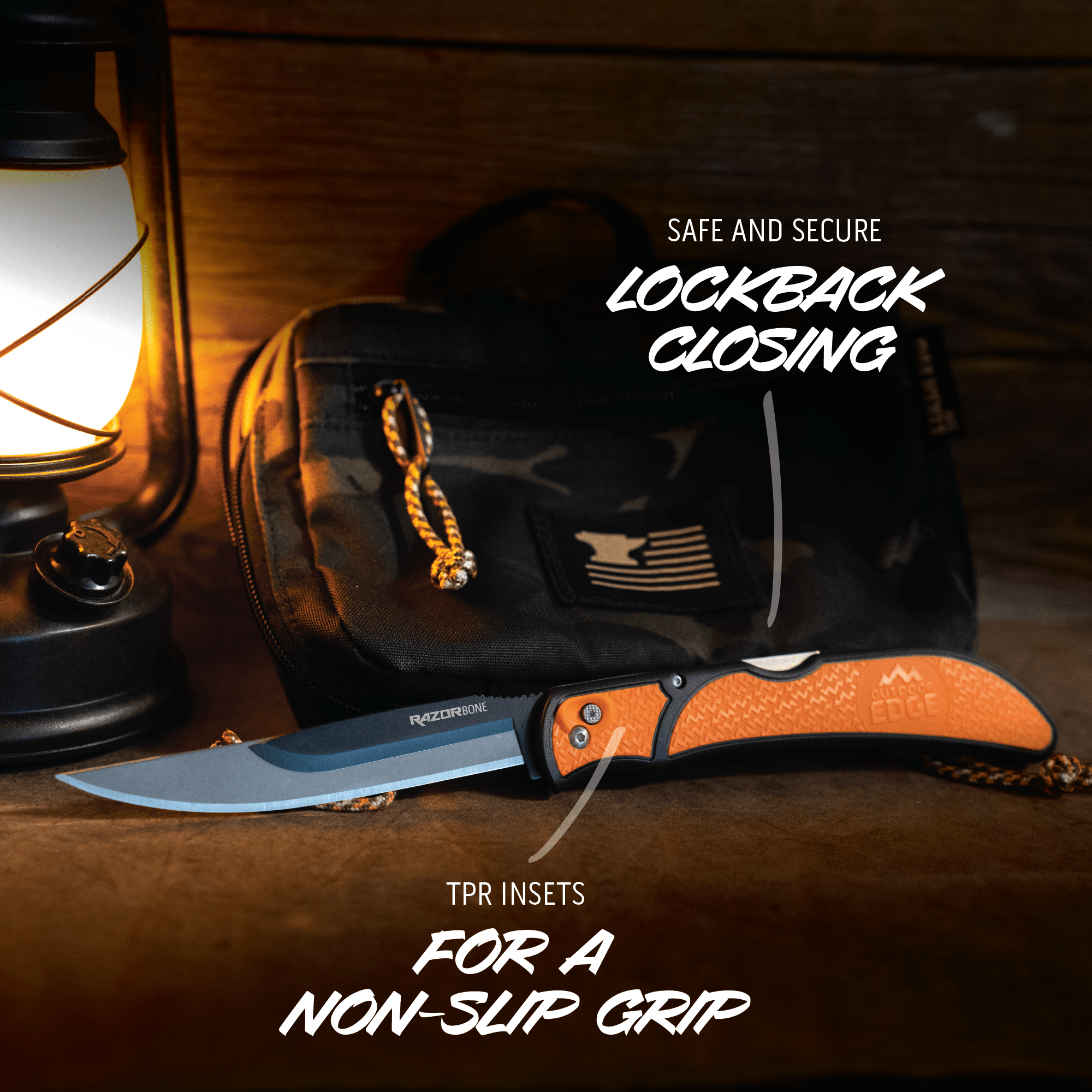 Folding knife with orange handle and black sheath on a wooden surface next to a lantern, with text highlighting features.
