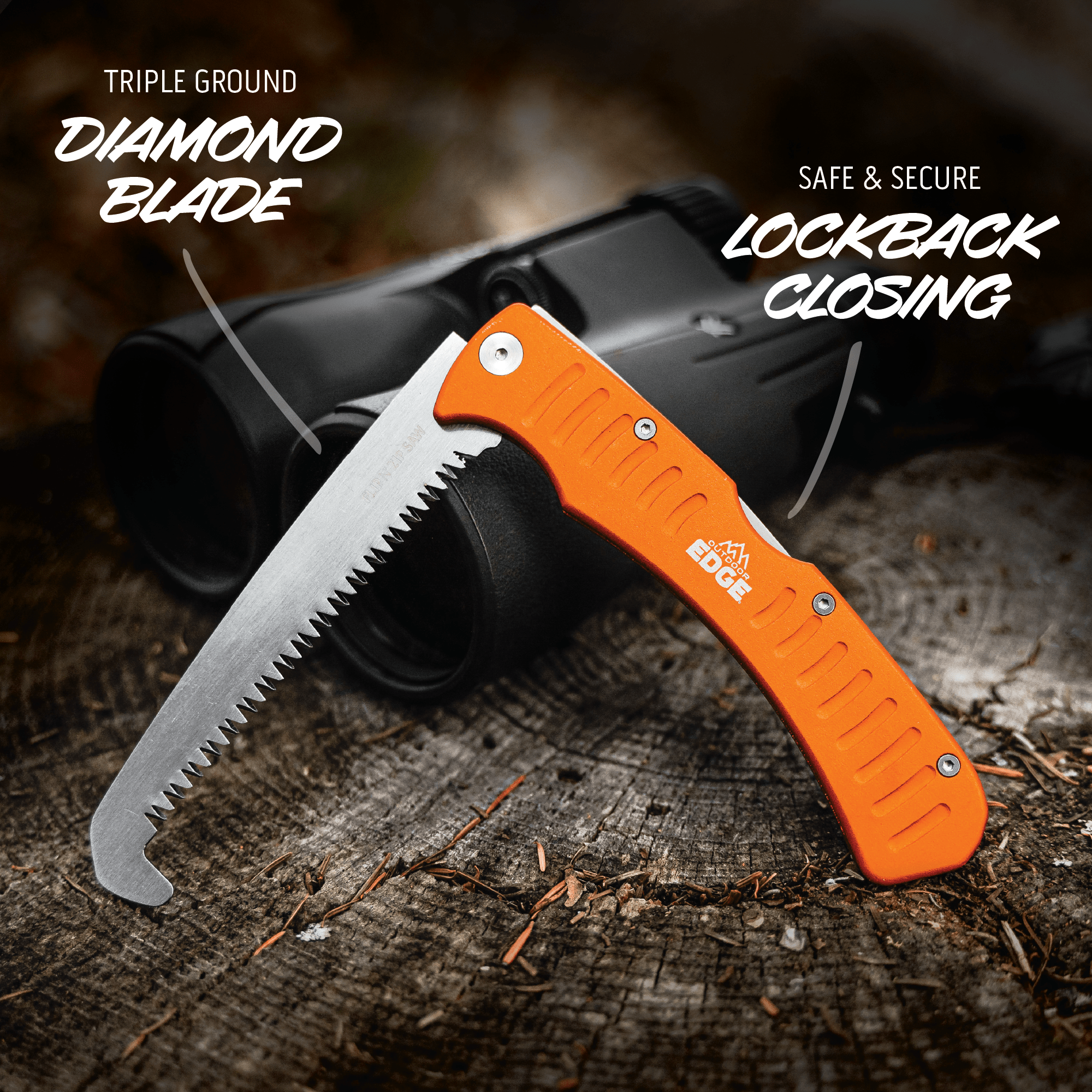 Folding saw with orange handle and diamond blade on a wooden surface, with text highlighting features.