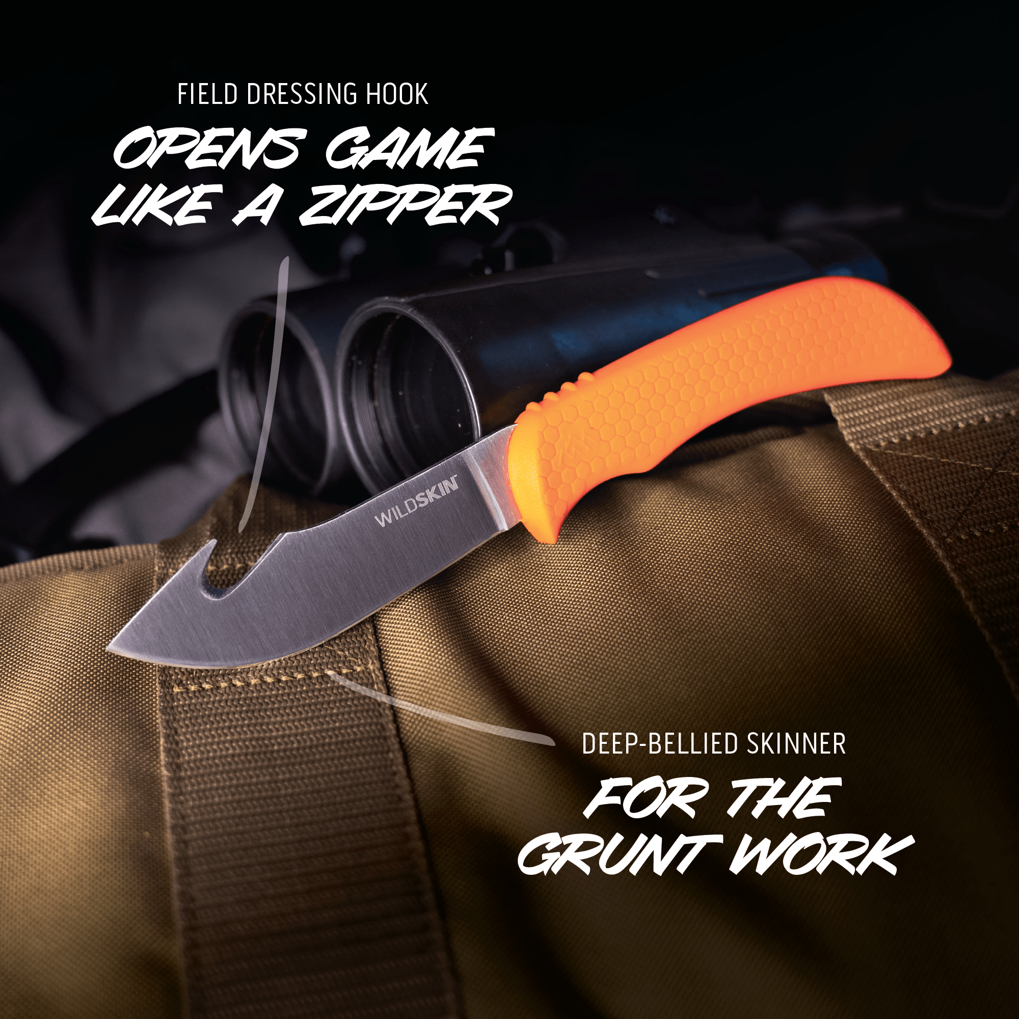 Knife with orange handle on a bag, promotional text about its features.
