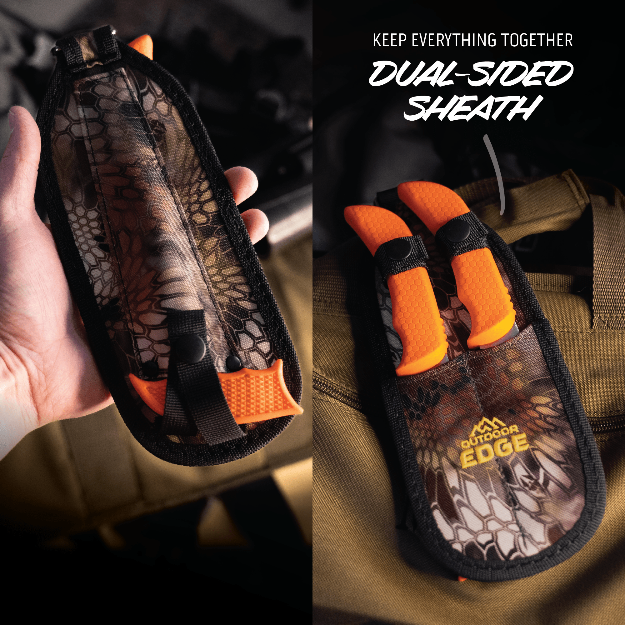 Dual-sided sheath with camouflage pattern and orange accents, held by a hand and displayed on a tactical background.