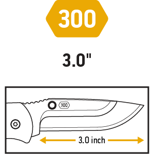 "A line-drawing illustration of a 3.0-inch drop-point knife blade, marked with '300'.