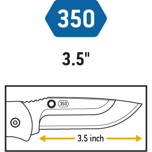 "A line-drawing illustration of a 3.5-inch drop-point knife blade, marked with '350'. "
