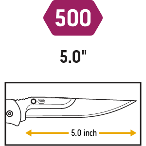 "A line-drawing illustration of a 5.0-inch drop-point knife blade, marked with '500'. "
