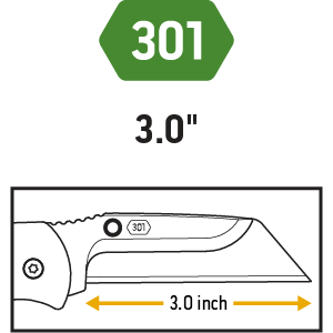 A line-drawing illustration of a 3.0-inch utility-style knife blade, marked with '301'."