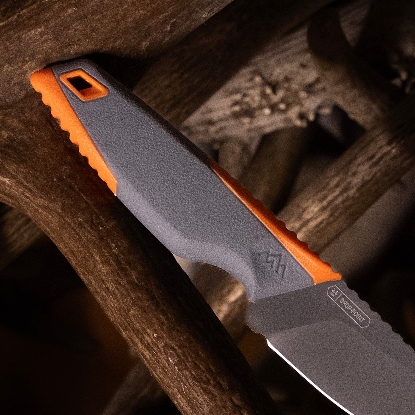 The Vantex drop-point knife shown with its protective sheath