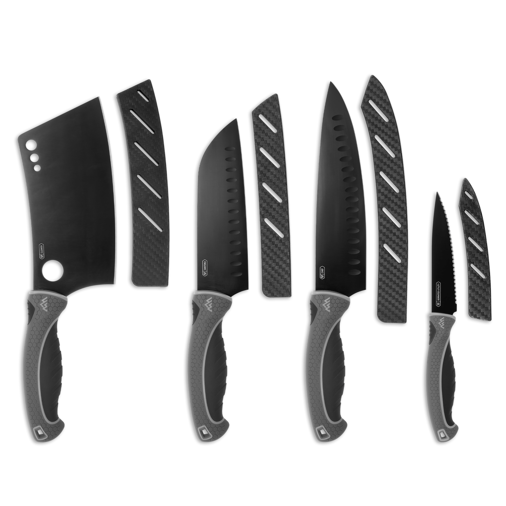 Set of black kitchen knives with carbon fiber handles on a white background