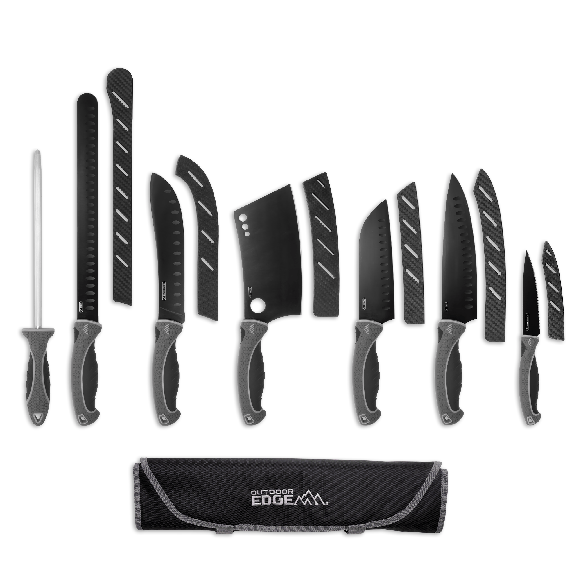 Set of knives with black handles and sheaths on a white background