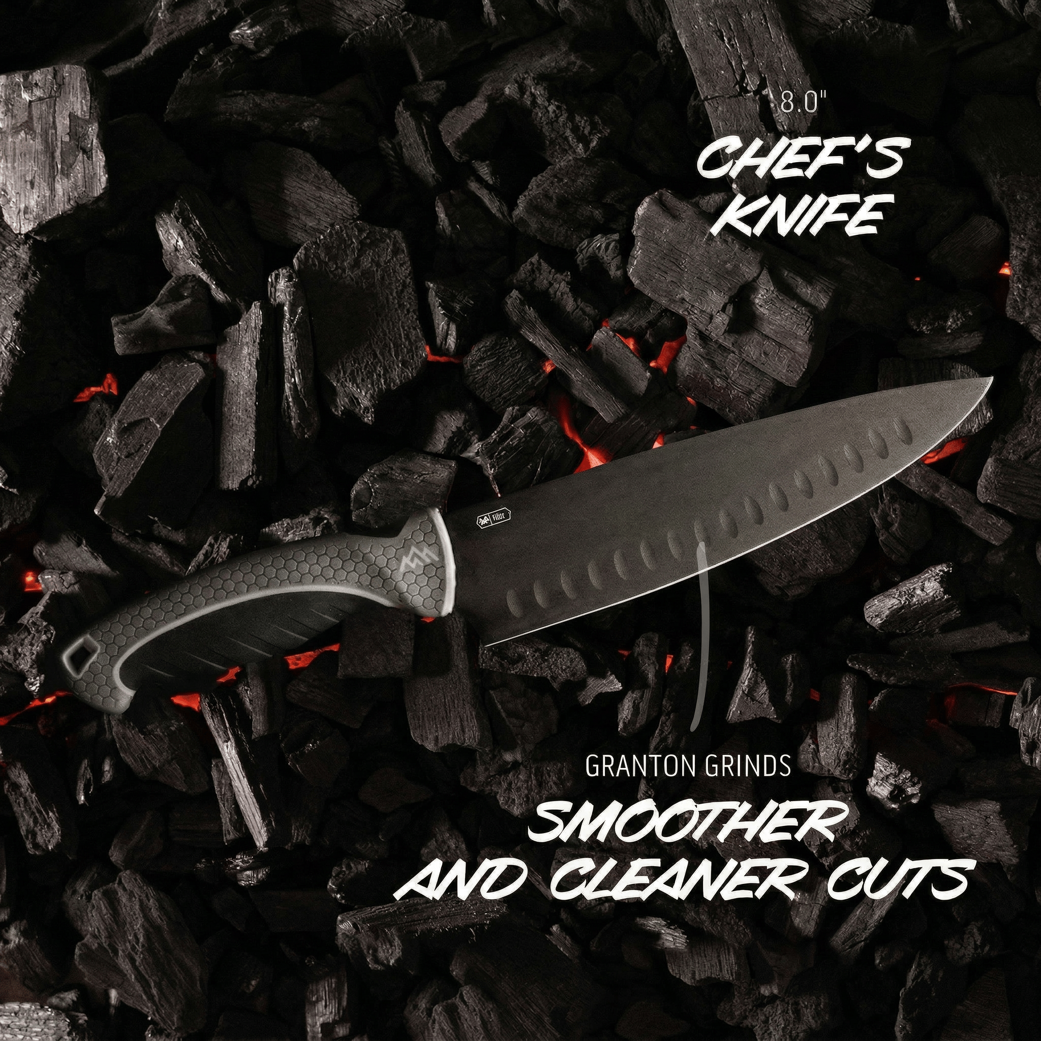 ErgoMax Chef's knife on charcoal with 'Granton Grinds' text
