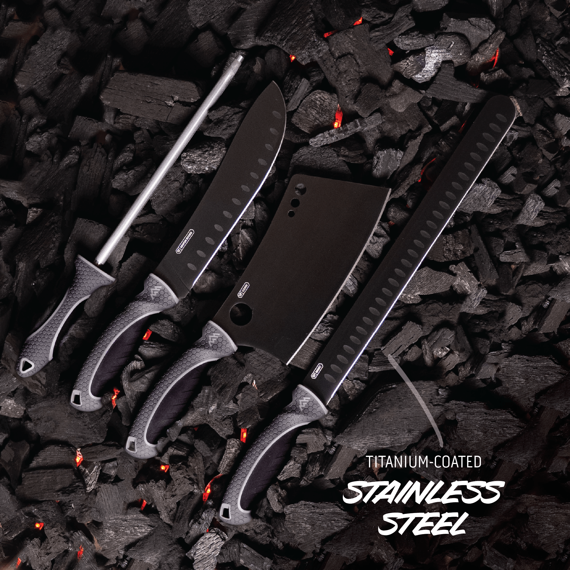 Set of knives with titanium-coated stainless steel on a dark, textured background