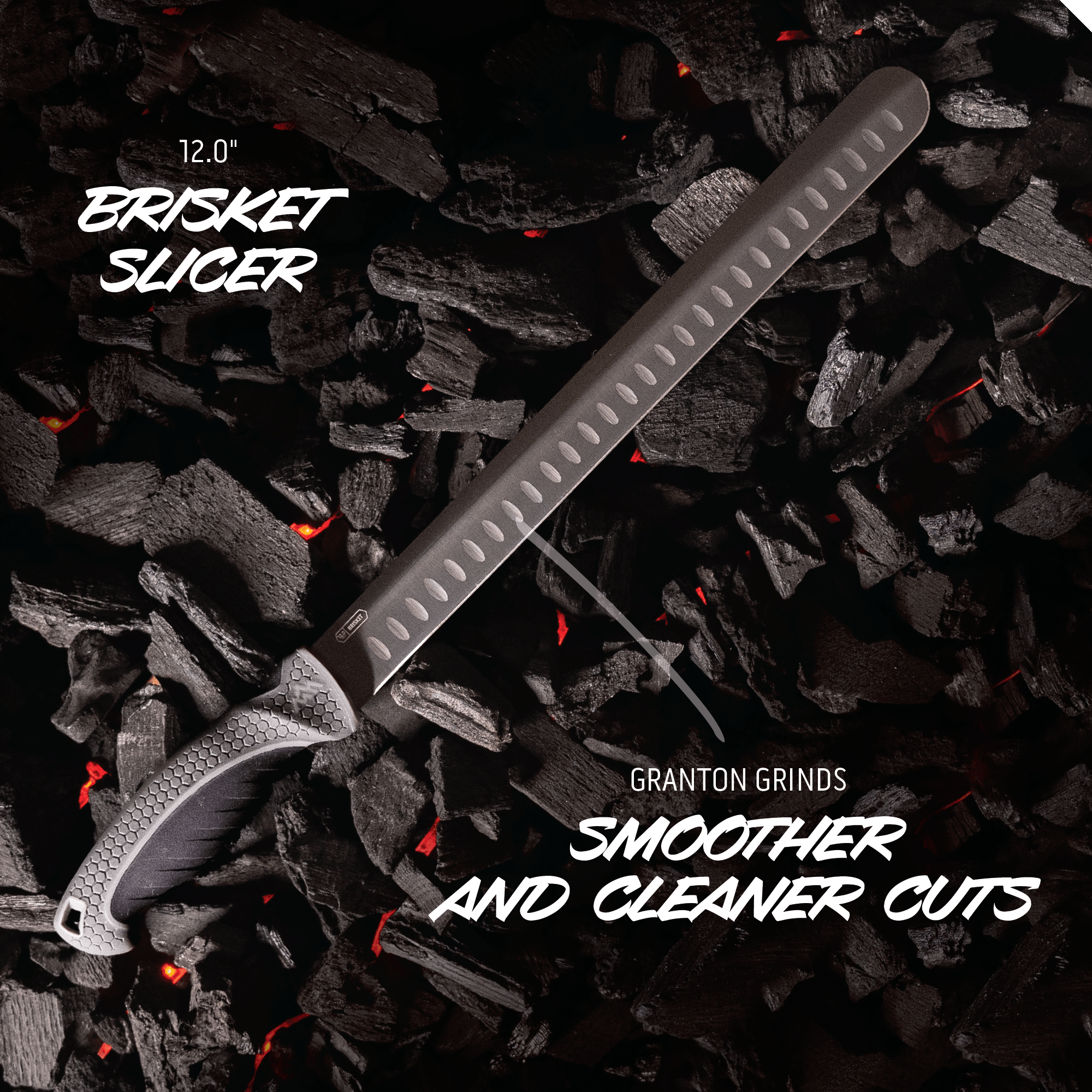 12-inch brisket slicer on charcoal with text about its features