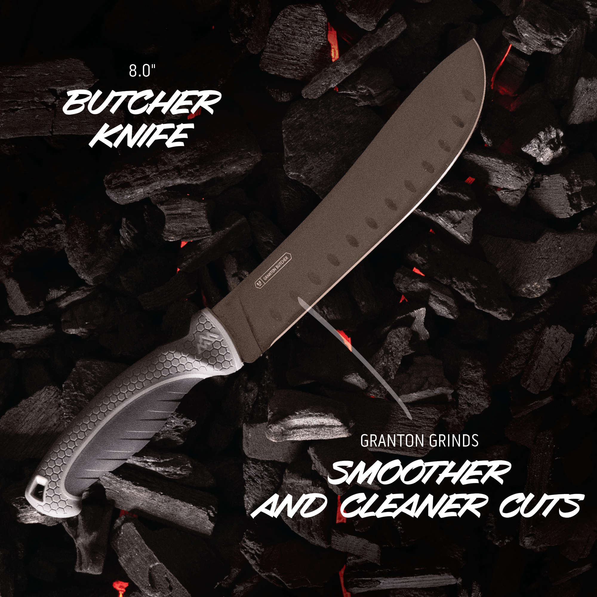 8.0" Butcher Knife on a dark background with text about knife features.