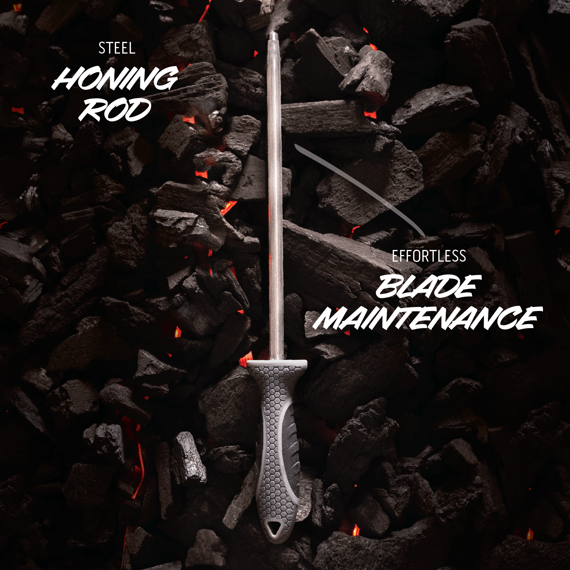 Steel honing rod on a dark background with text about blade maintenance
