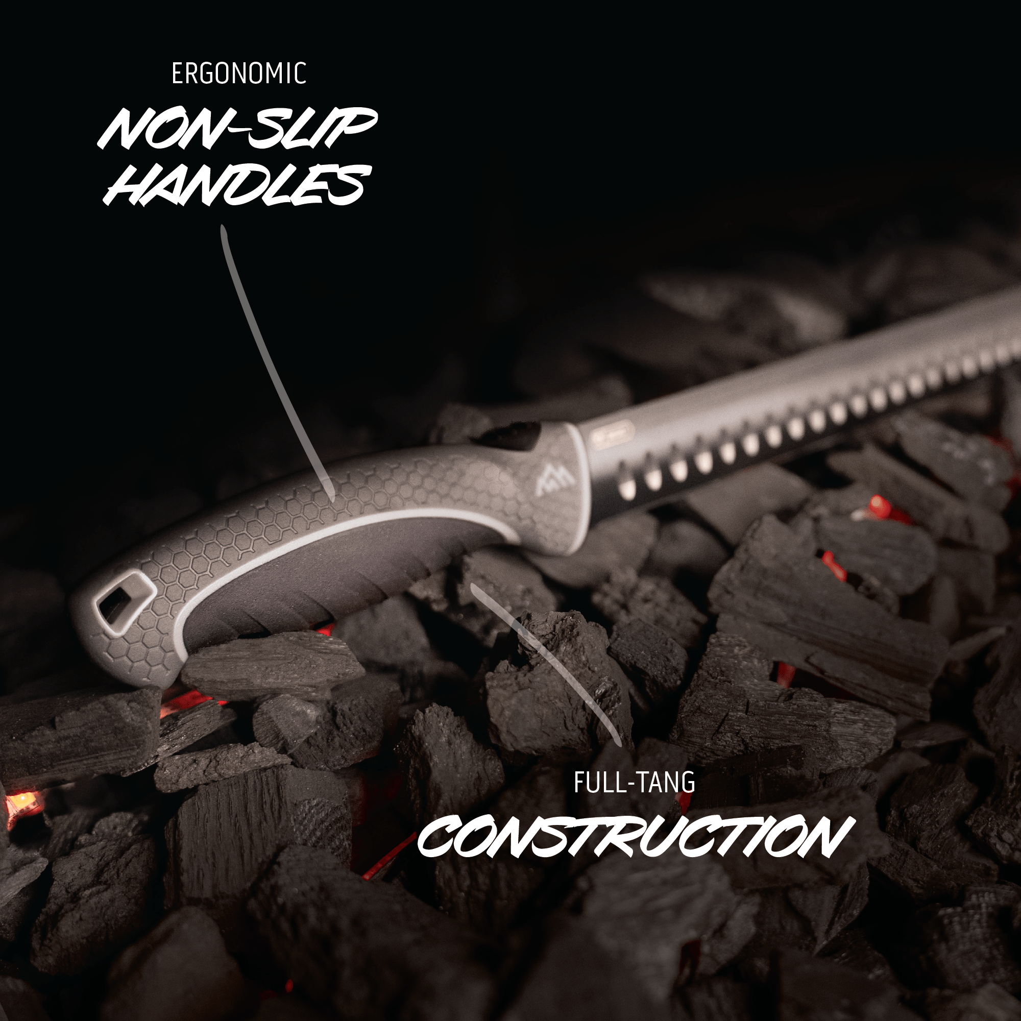 Knife with ergonomic non-slip handle on glowing coals, emphasizing full-tang construction.