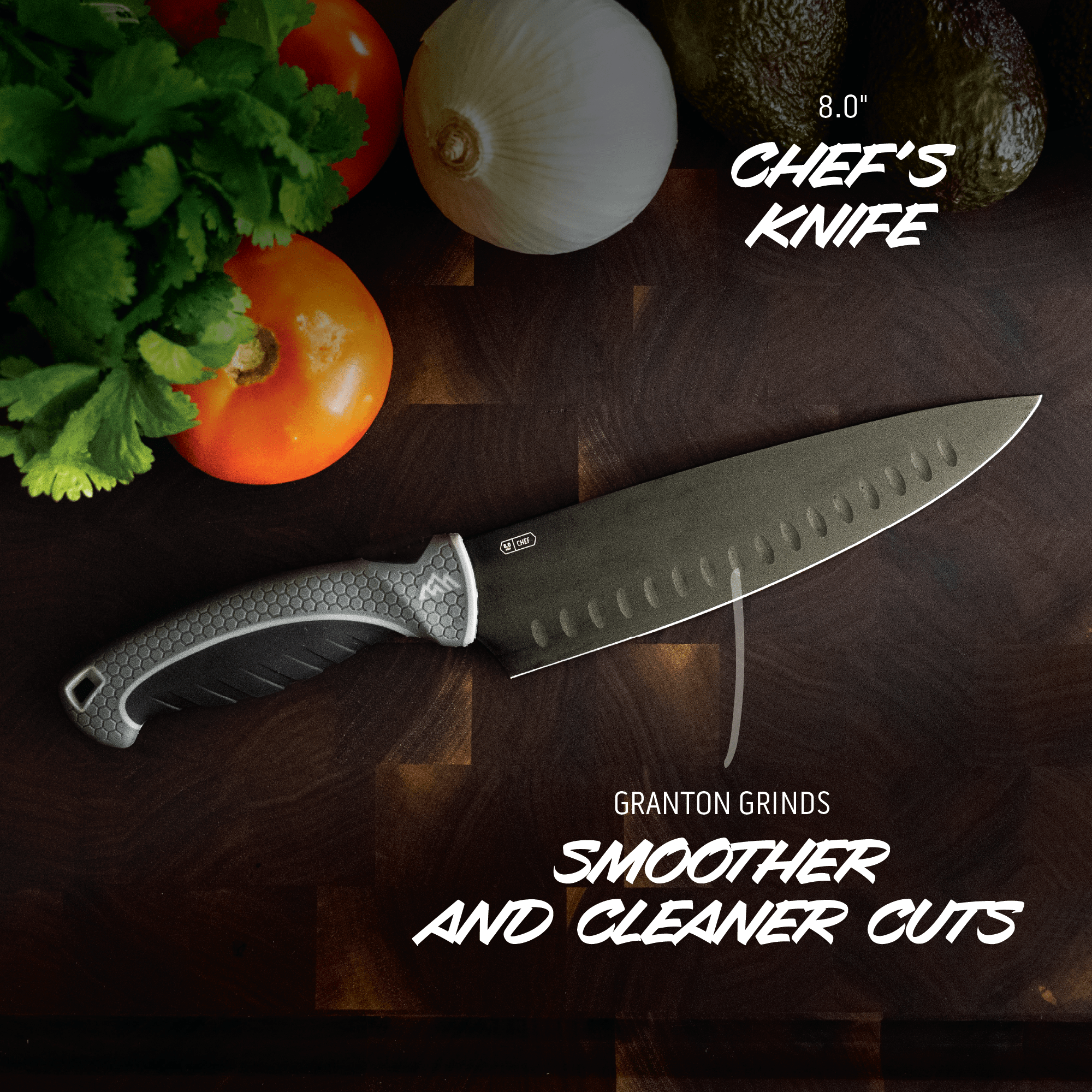 Chef's knife on a wooden surface with vegetables, highlighting its features.