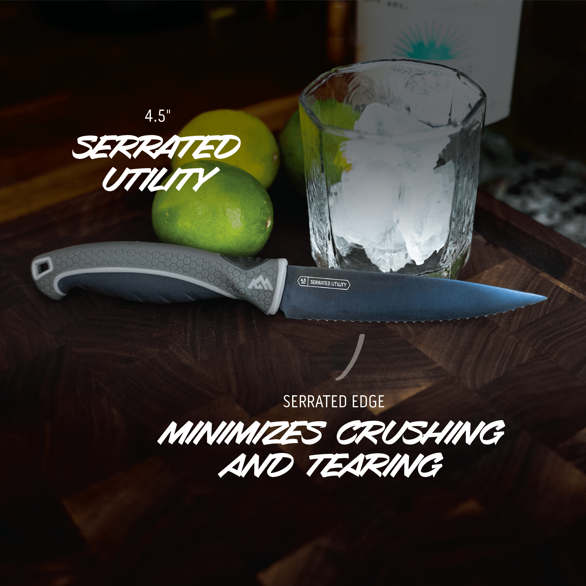 Serrated knife on a cutting board with limes and a glass of ice, text highlighting serrated edge benefits.