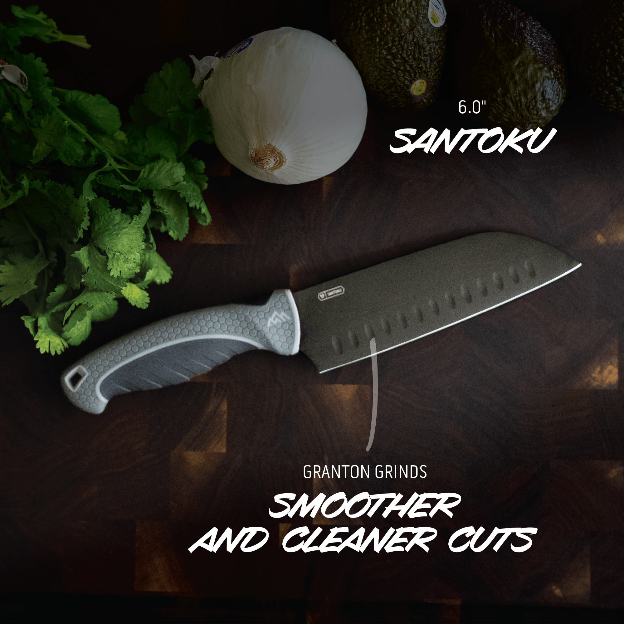 Santoku knife on a wooden surface with vegetables, featuring Granton Grinds branding.