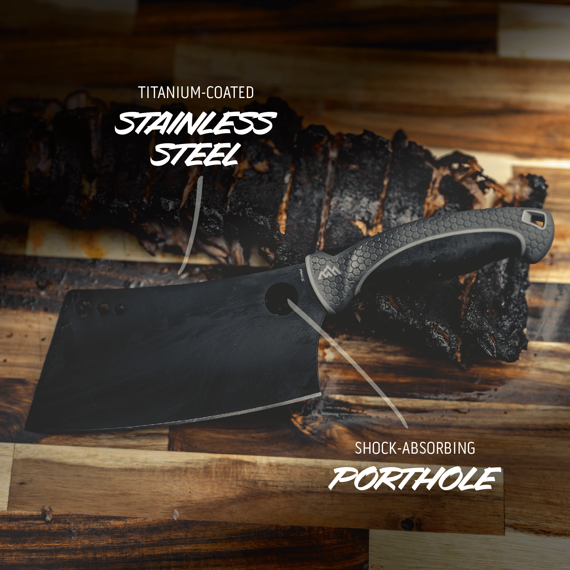 Knife with text highlighting features on a wooden surface with grilled meat.
