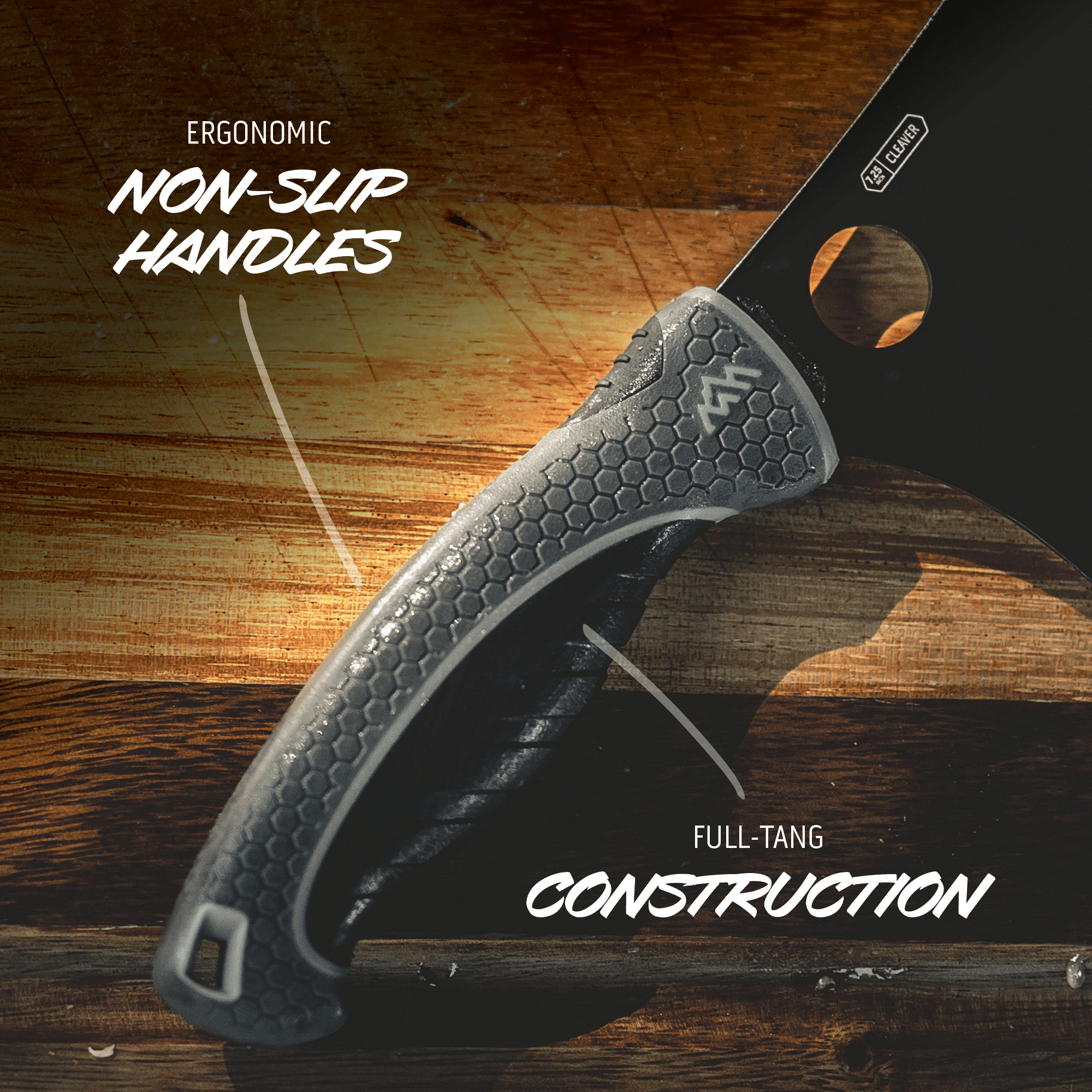 Knife with ergonomic non-slip handle on a wooden background