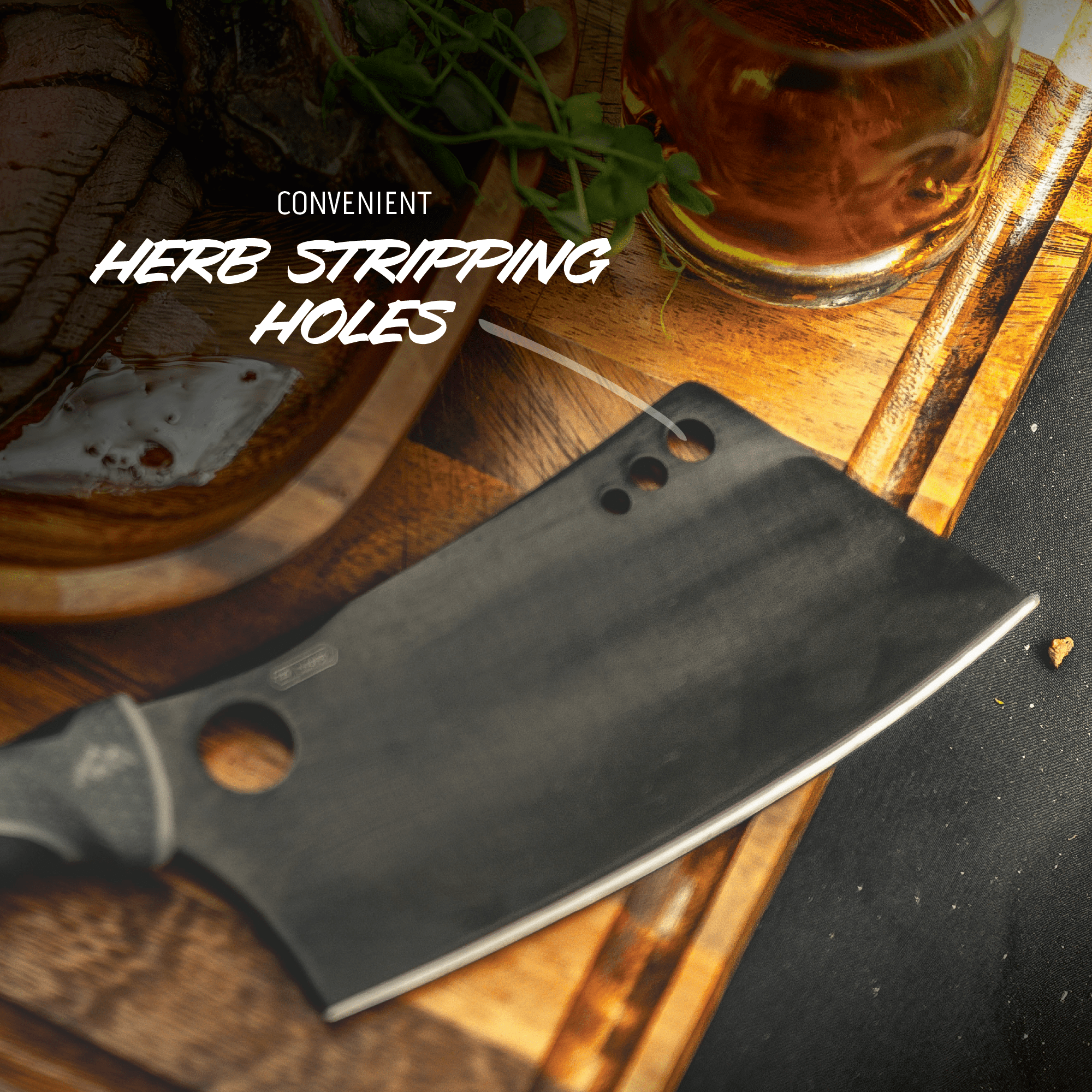 Knife with herb stripping holes on a wooden surface with a glass of amber liquid.