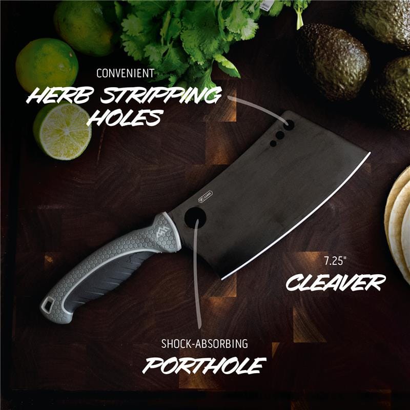 Cleaver knife with text highlighting features on a wooden surface with herbs and fruits.