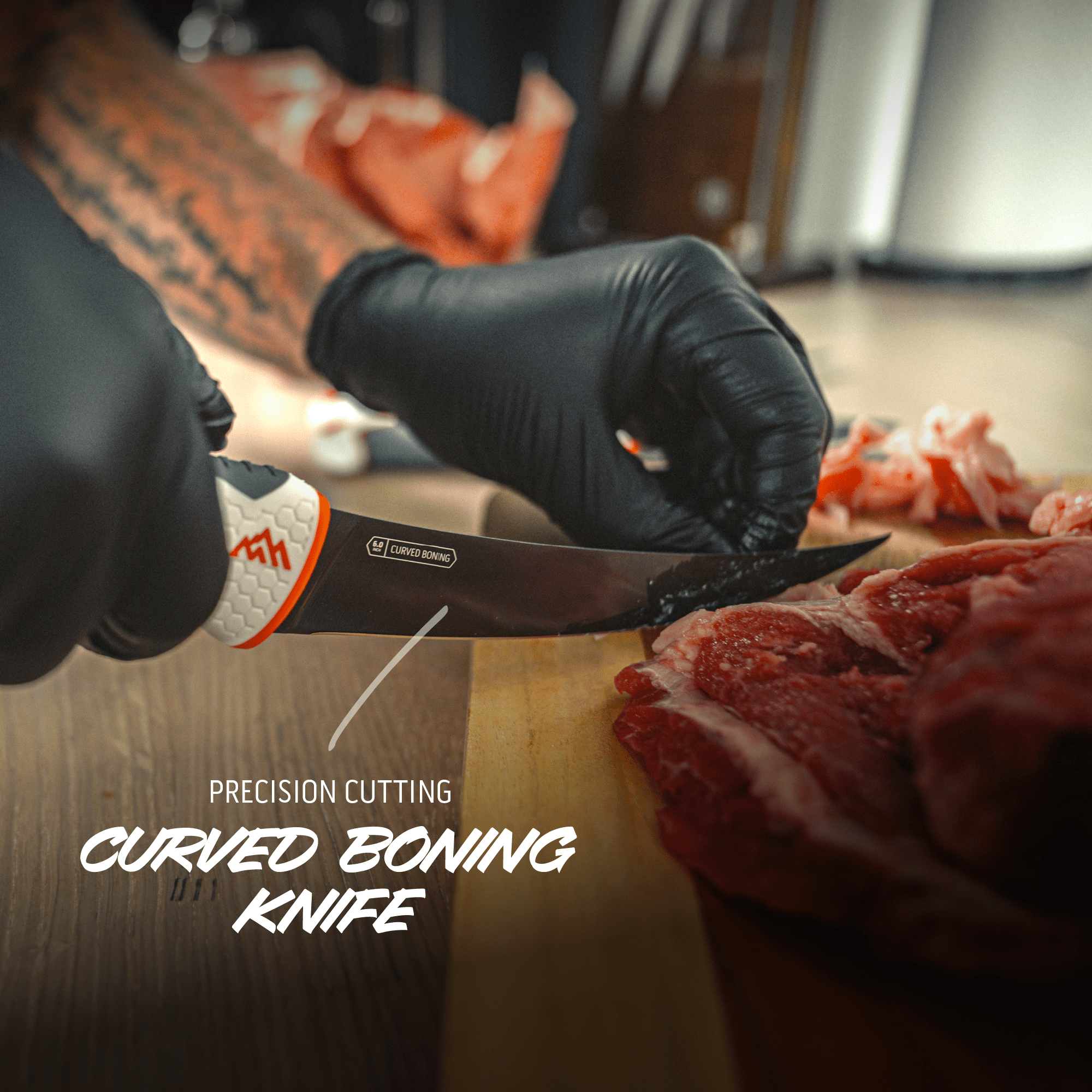 Person using a curved boning knife on meat with text 'Precision Cutting Curved Boning Knife'.