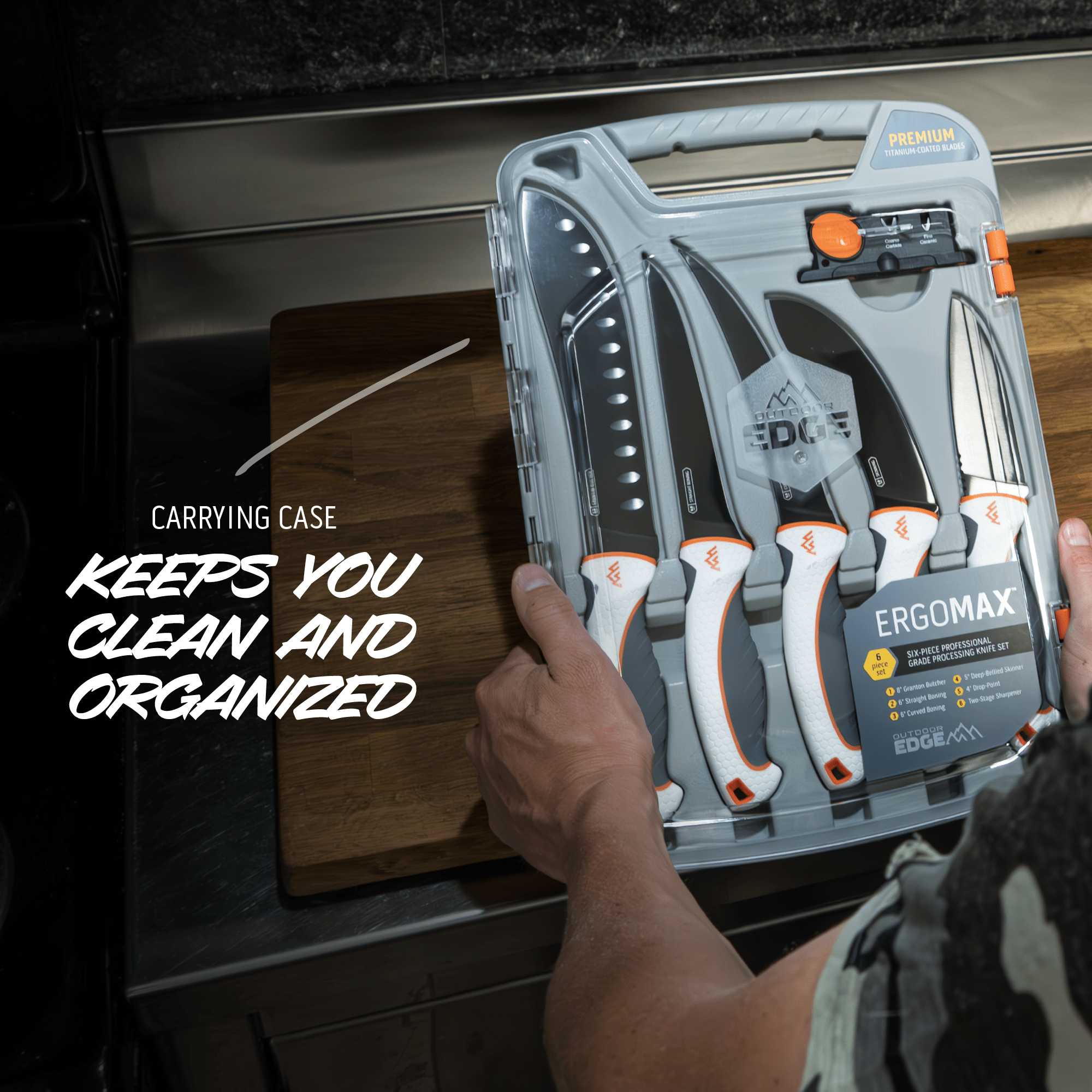 Set of knives in a carrying case with text 'Carrying Case Keeps You Clean and Organized'.