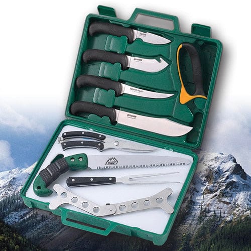 "An advertisement for the Outdoor Edge SwingBlade knife, showing how it transforms from a drop-point skinner to a gutting blade. ",