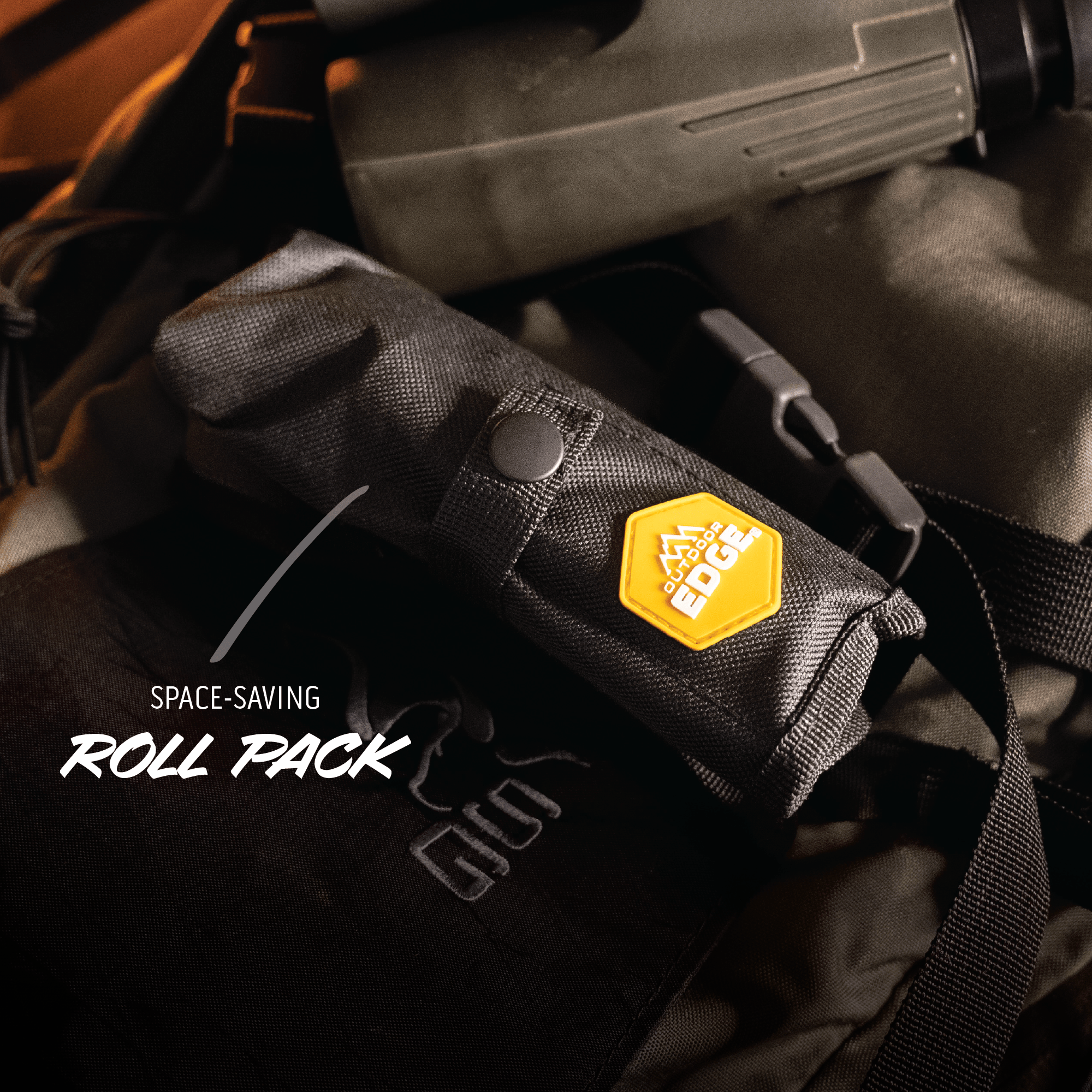 Black roll pack with a yellow logo and text 'Space-Saving Roll Pack' on a dark background.