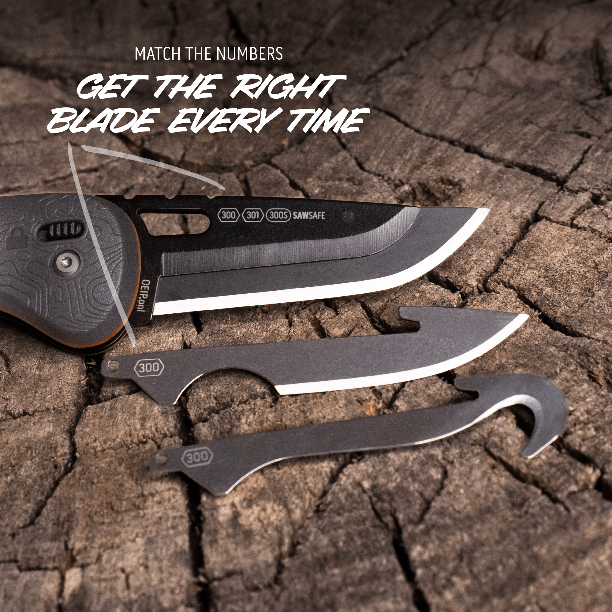 "A close-up of an Outdoor Edge RazorSafe knife with two interchangeable blades, with text 'MATCH THE NUMBERS, GET THE RIGHT BLADE EVERY TIME'."