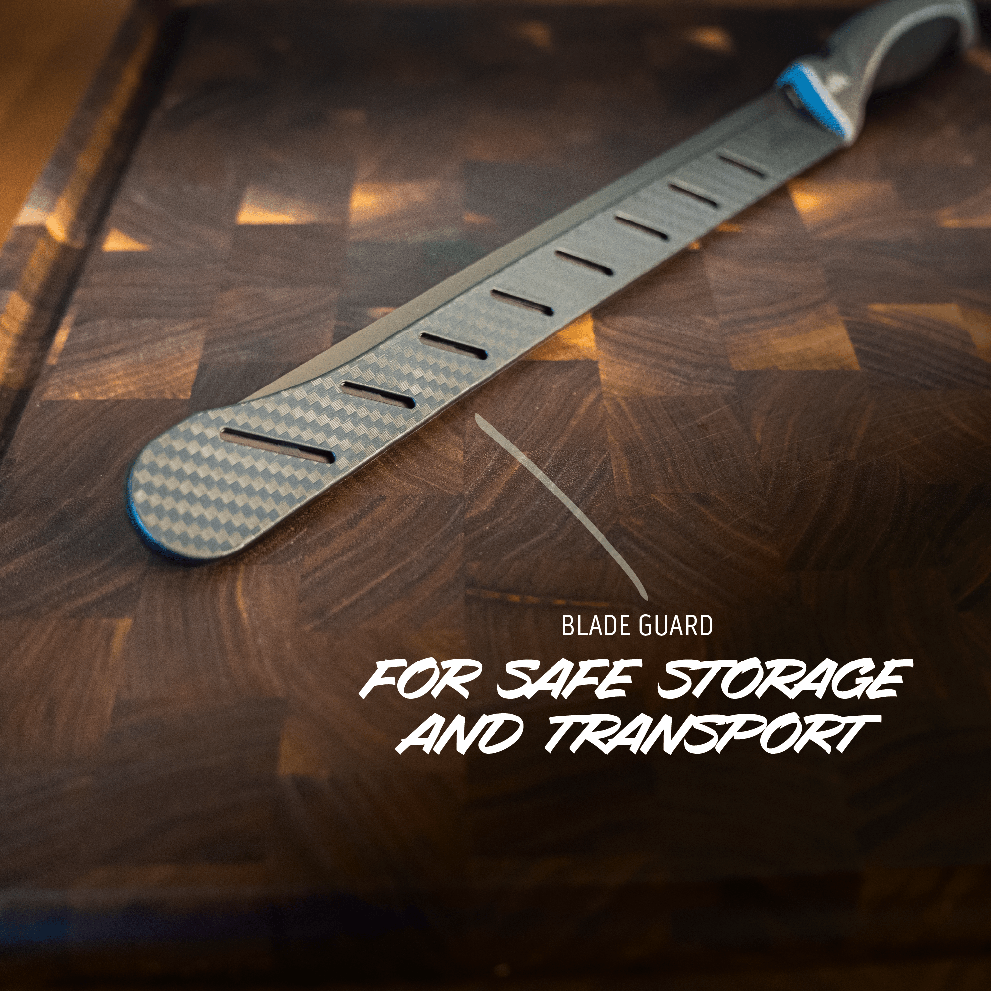 Brisket knife with a blade guard and text mentioning sale storage and transport