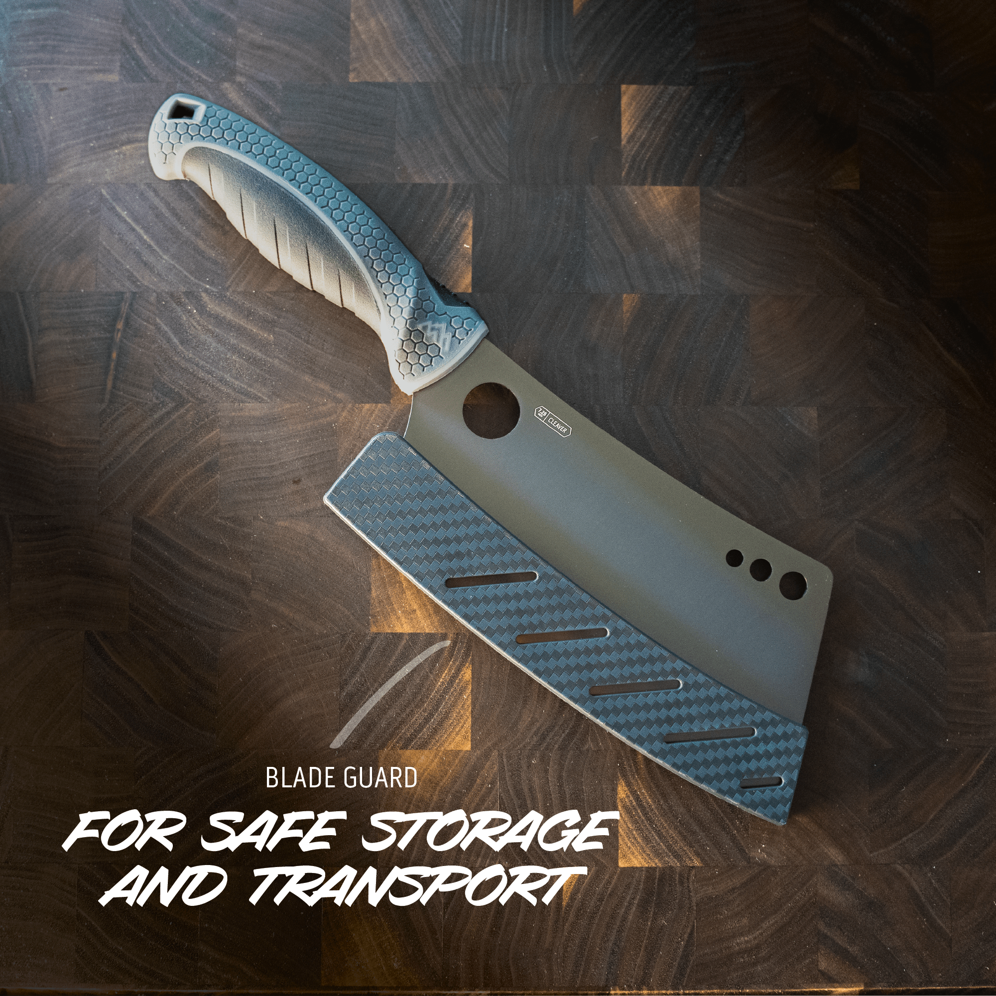 A cleaver with a blade guard and text mentioning safe storage and transport
