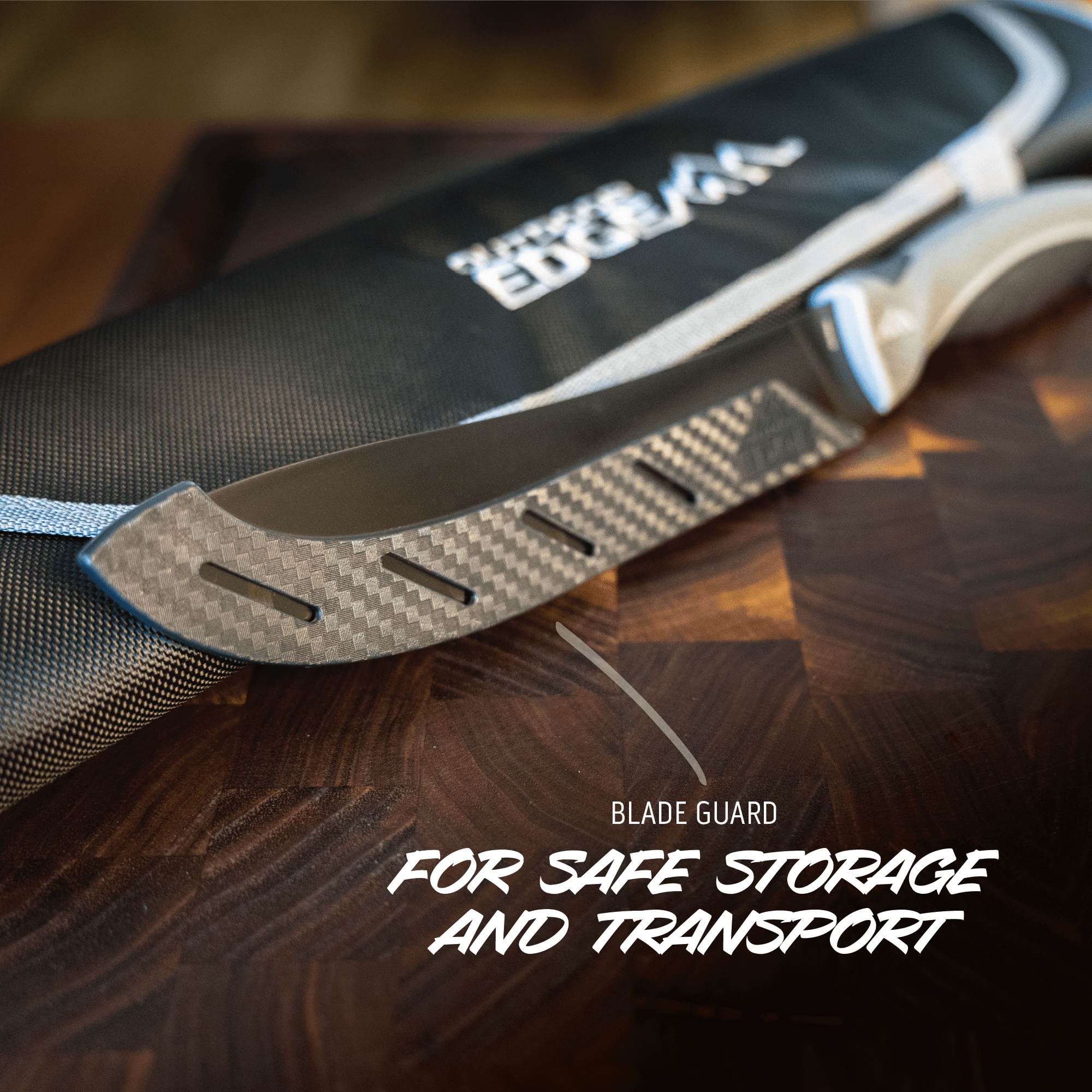 A butcher knife with a blade guard and text mentioning safe storage and transport