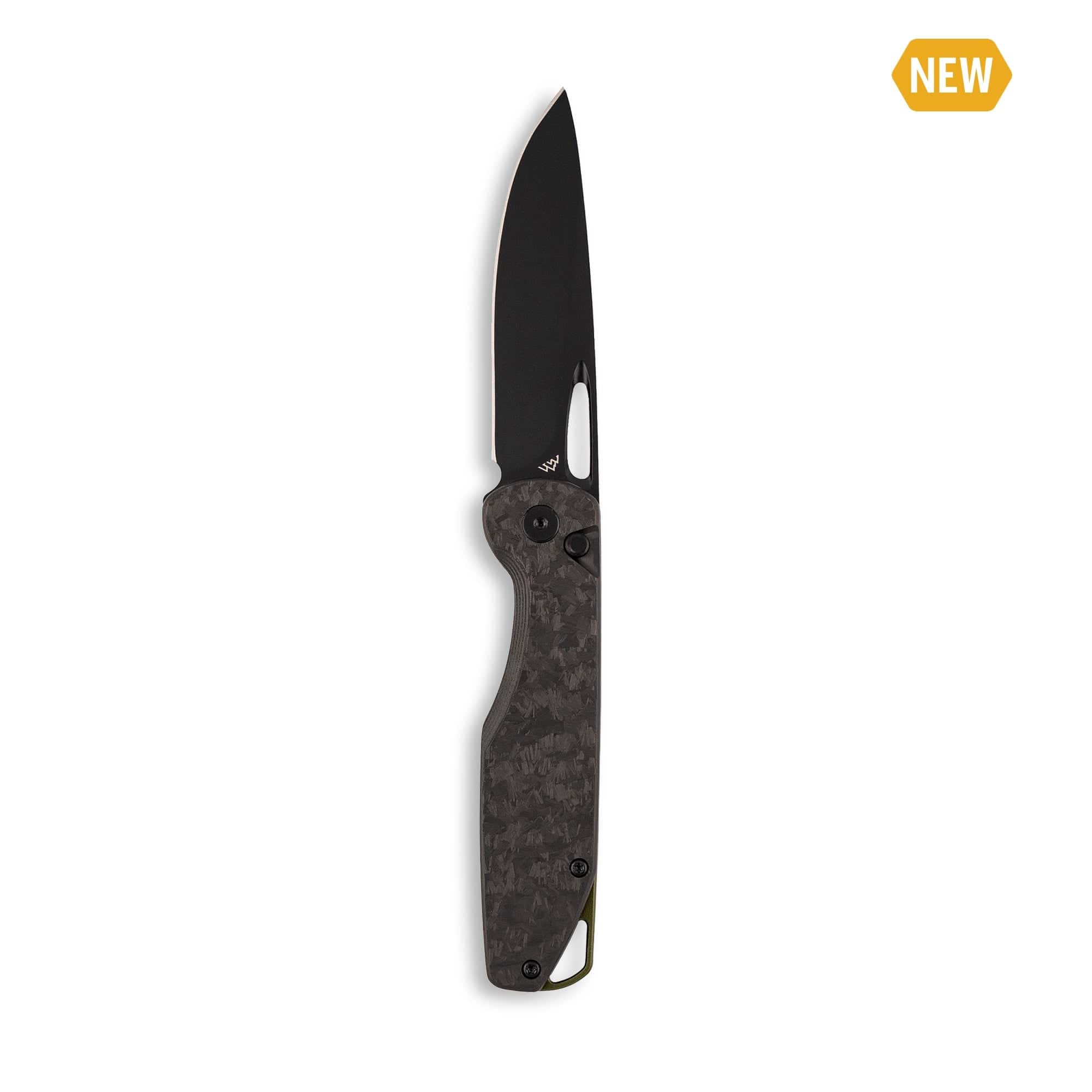 A folding knife with a black-oxide coated blade and carbon fiber scales, featuring a pocket clip and button lock.