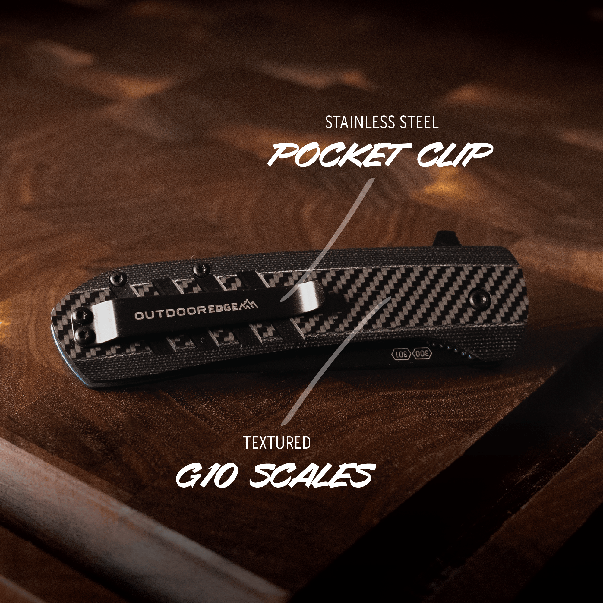 Pocket knife with stainless steel pocket clip and textured G10 scales on a wooden surface