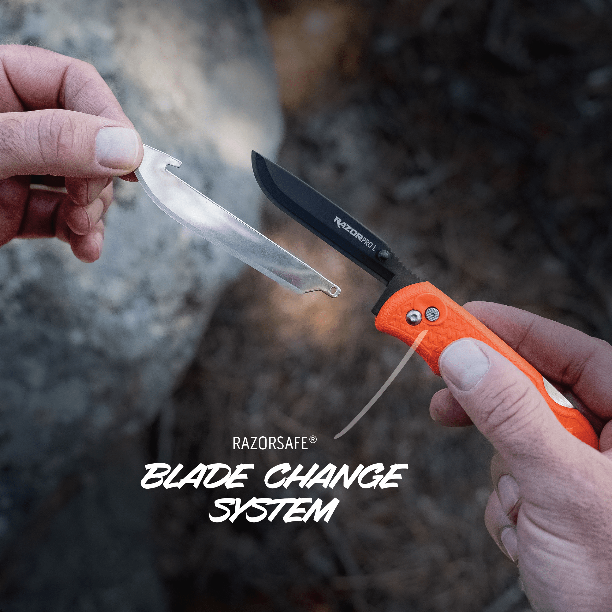 A person changing a blade on an orange knife