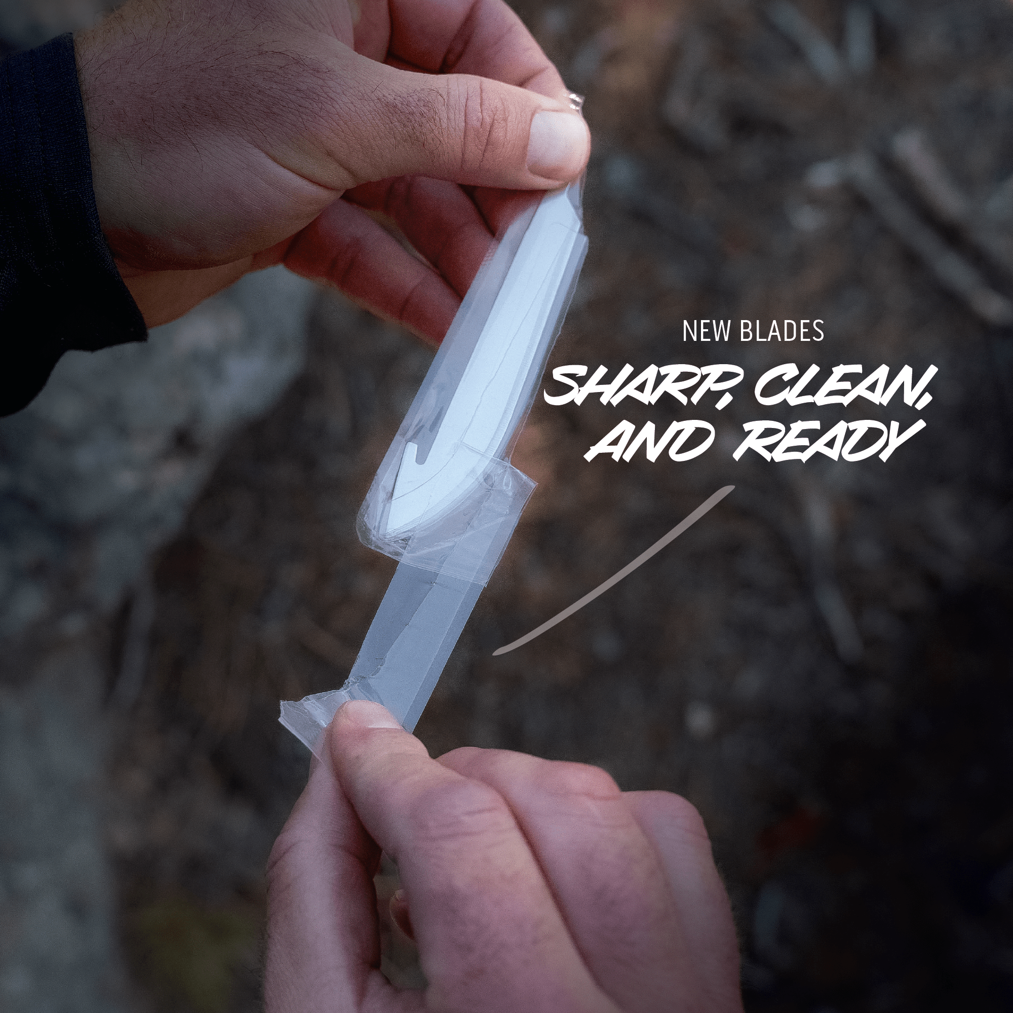 Person holding a knife blade with text 'New Blades Sharp, Clean, and Ready' against a natural background.