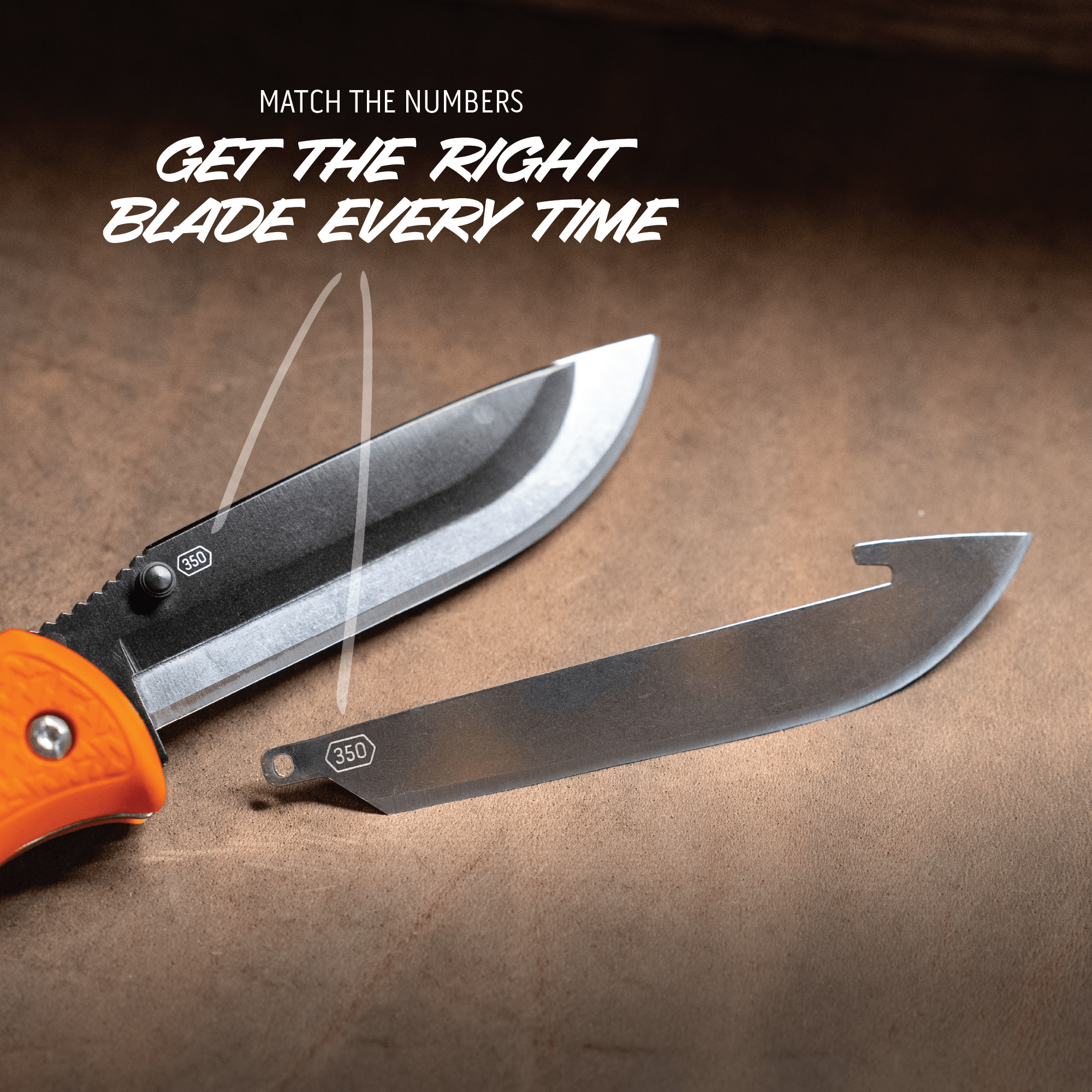 Two knives with orange handle and metallic blades on a brown background, text 'Match the numbers, get the right blade every time'.