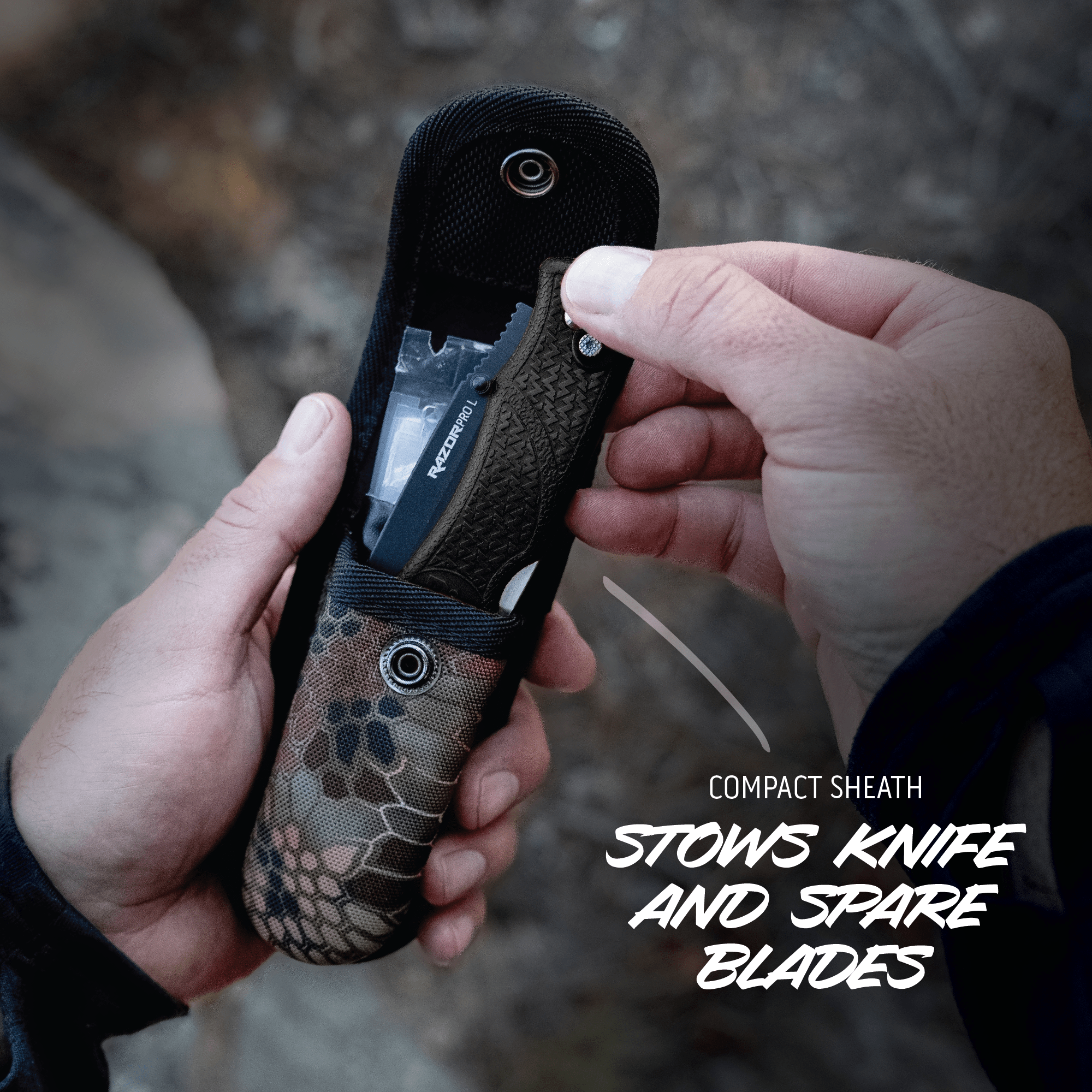 Compact sheath stowing a knife and spare blades with a blurred natural background